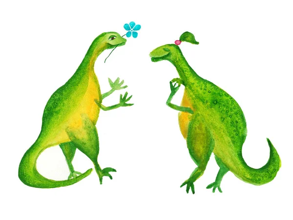 귀여운 공룡 두 마리가 서로를바라봅니다. 수채화. — 스톡 사진