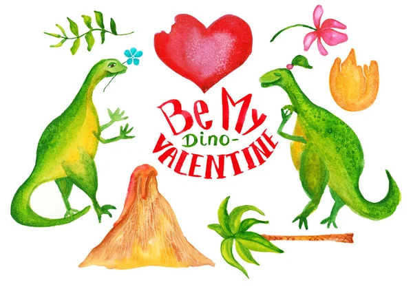 Aranyos dinoszauruszok, megharapott szívvel, vulkánnal, tojáshéjjal, tenyérrel, virággal és levelekkel. Akvarell illusztráció. — Stock Fotó