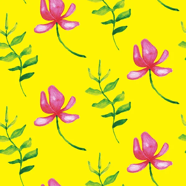 Zökkenőmentes akvarell minta levelek és virág sárga háttér. — Stock Fotó