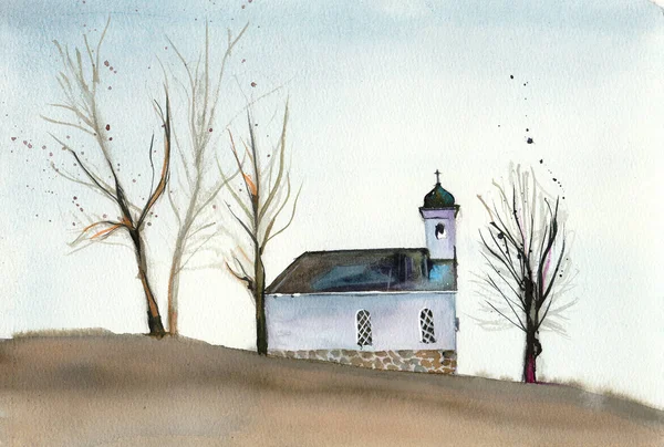 Akvarelllandskap med en kyrka i stil med minimalism. Höstens natur. — Stockfoto