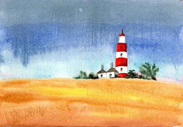 Рука намальований акварельний пейзаж з маяком в стилі мінімалізм — стокове фото