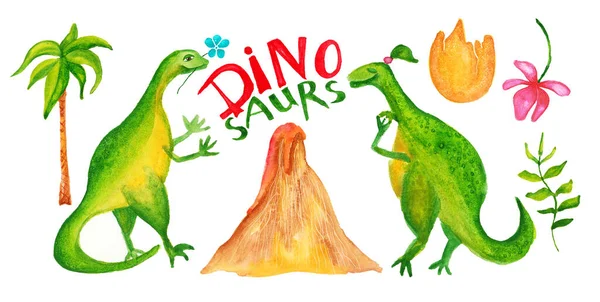 Cute dinosaurs set with volcano, eggshell, palm, flower and leafs . Watercolor illustration.