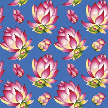 Nilüfer çiçeği. Elle çizilmiş dekoratif, pürüzsüz desen. Alkol işaretleri illüstrasyonu. Mavi bir arkaplanda izole edilmiş.