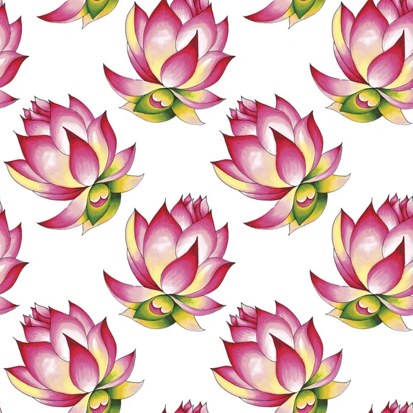 Bloeiende Lotus. Met de hand getekend decoratief naadloos patroon. Alcohol markers illustratie. Geïsoleerd op een witte achtergrond. — Stockfoto