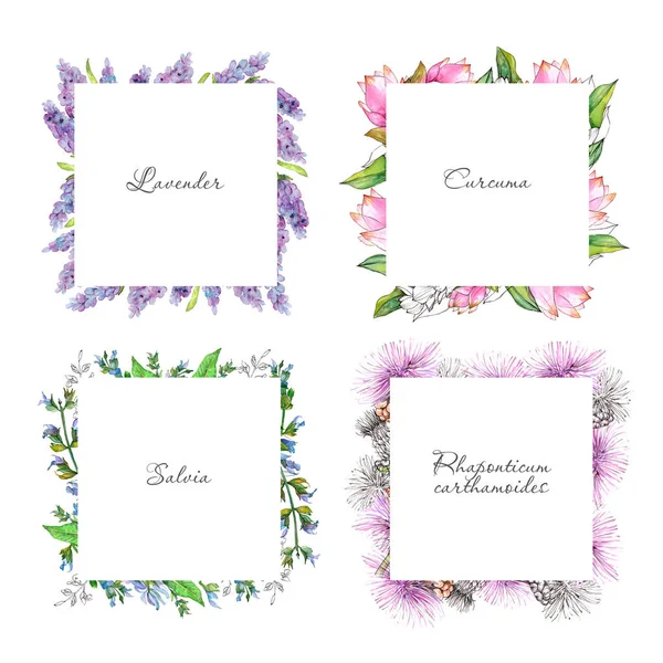 Eine Reihe von Rahmen aus handgezeichneten Aquarell-Illustrationen von Blumen. für Hochzeitseinladungen, Postkarten, Grußkarten und andere Designs — Stockfoto