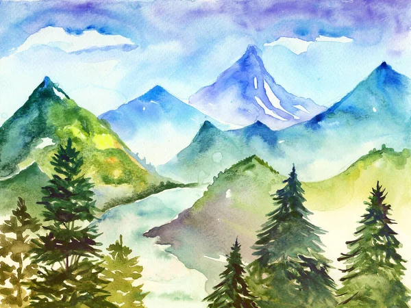 Aquarelle Altaï paysage avec des montagnes, des arbres de Noël et une rivière . — Photo