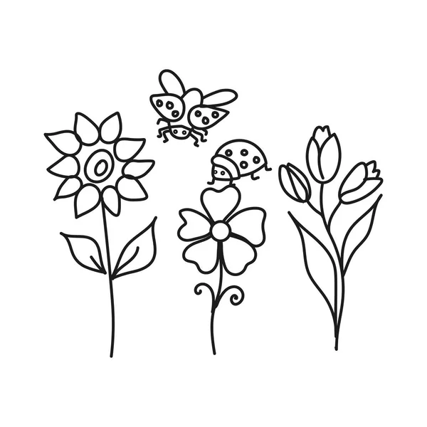 Conjunto de flores vectoriales y mariquita simple. Niños esbozan ilustración sobre un fondo blanco . — Vector de stock
