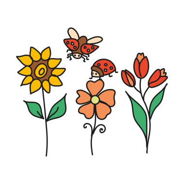 Çiçekler ve uğur böceği rengi basit.