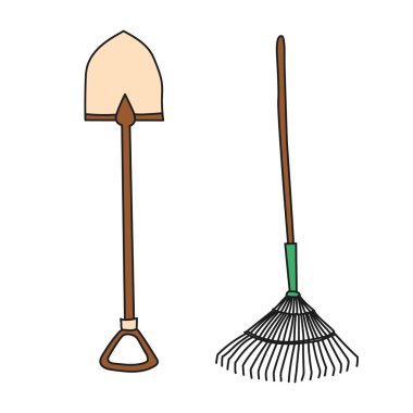 Bahçe küreği ve tırmık. El çizimi basit simge.