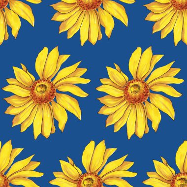 Mavi arkaplanda kusursuz bir ayçiçeği deseni.