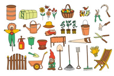 Beyaz arkaplandaki nesnelerin renk illüstrasyonunun vektör kümesi. Bahçıvanlık ve yaz mevsimsel tasarımı için elementler.