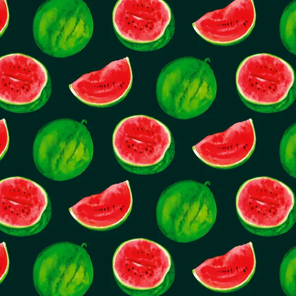 Akvarel bezešvný vzor půlky šťavnatého světlého melounu, celého melounu a kousku melounu. — Stock fotografie