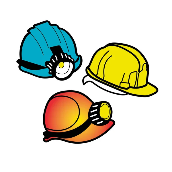 Realistic set of different colors of protective helmets with and without a flashlight, isolated on a white background. — Stock Vector