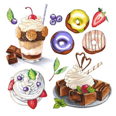 Çikolatalı tatlılar: Tabaklara çikolata kremalı pasta parçaları, cam bardakta tatlı katmanları, farklı jöleli böğürtlenli ve çörekli pasta. İşaretli illüstrasyon.