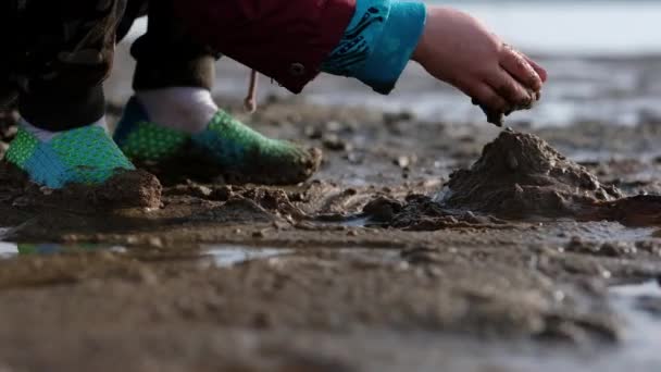 Närbild av barnens händer. Gör en bild av våt sand — Stockvideo