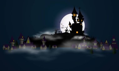 Cadılar Bayramı arka plan vektörü köy, dolunay ve yarasa silueti tarzında