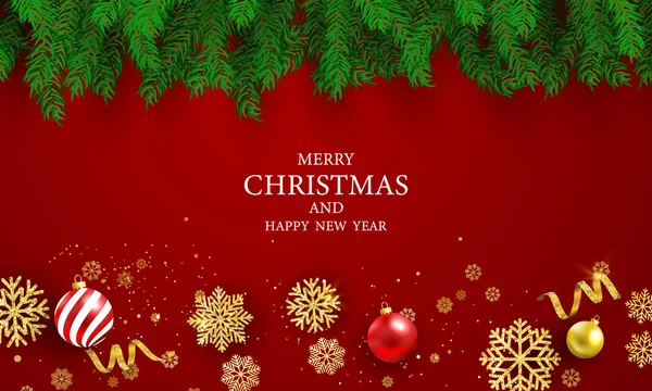 圣诞派对海报与新年快乐红色背景 — 图库矢量图片