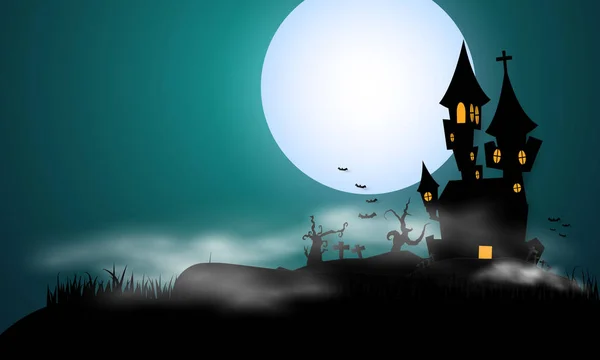 Vetor Fundo Halloween Com Aldeia Lua Cheia Estilo Silhueta Morcego — Vetor de Stock