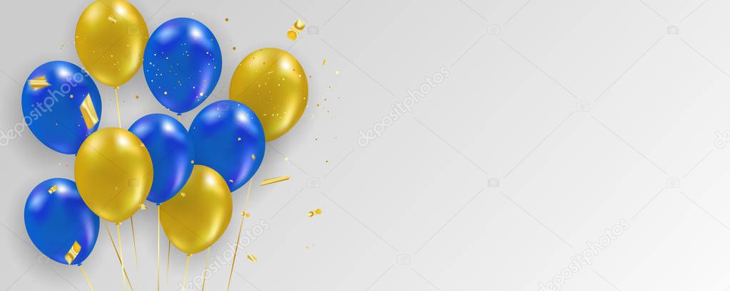 Blue yellow balloons, Gold confetti concept design template holiday Happy Day, background Celebration Vector illustration.