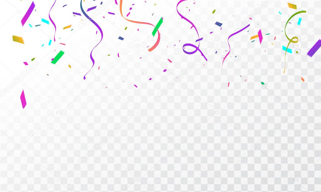 Celebration background template with confetti and colorful ribbons.