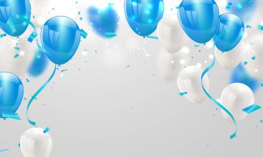Mavi beyaz balonlar, konfeti tasarımı tatil şablonu Mutlu Günler, arka plan Kutlama Vektörü illüstrasyonu.