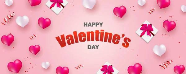 Valentine Day Banner Template Surprise Gift Box Glod Ribbon Hearts — 스톡 벡터