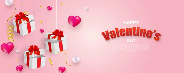 Valentinstag Banner Vorlage Überraschungsgeschenkbox Mit Glod Bändchen Und Herzen Ballon — Stockvektor