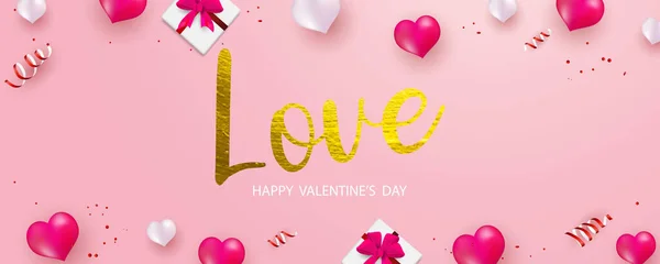 Valentijnsdag Spandoek Sjabloon Verrassing Geschenkdoos Met Glod Lint Hartjes Ballon — Stockvector