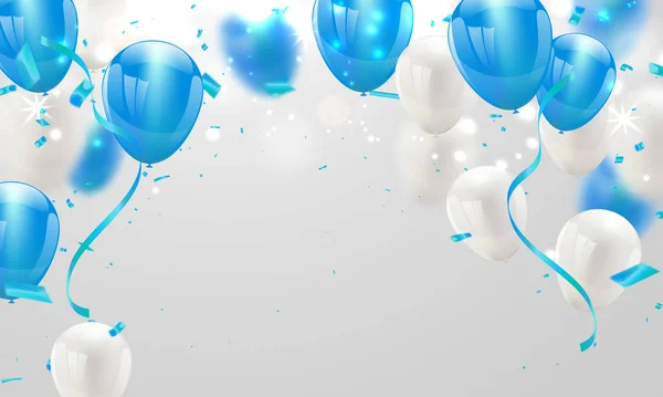 Mavi beyaz balonlar, konfeti tasarımı tatil şablonu Mutlu Günler, arka plan Kutlama Vektörü illüstrasyonu.