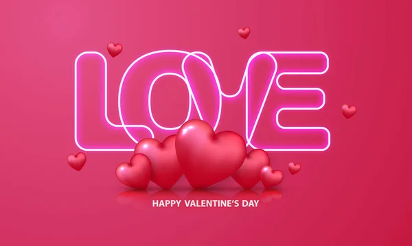 Valentine Day Neon Text Banner Template Red Heart Lettering Background — 스톡 벡터