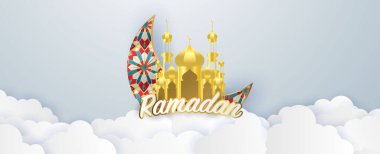 Ramazan Kareem 2020 arka planı. Kağıt kesimi vektör illüstrasyonunda cami ve ay, metin tebrik kartı ve afiş için yer