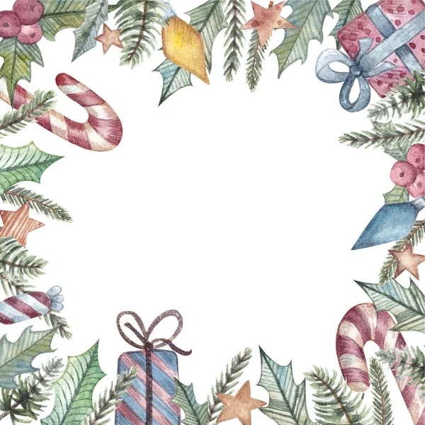 Suluboya şenlik çerçevesi. Davetiye, tebrik kartı, blog tasarımı ve diğer amaçlar için hediyeler, şekerler ve yıldızlarla süslenmiş Noel çerçevesi. 