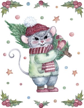 Tatlı karakterli suluboya kartpostal. Fare, Noel ağacı ve dekorasyon. Kartpostallar, davetiyeler ve diğer amaçlar için tasarım.