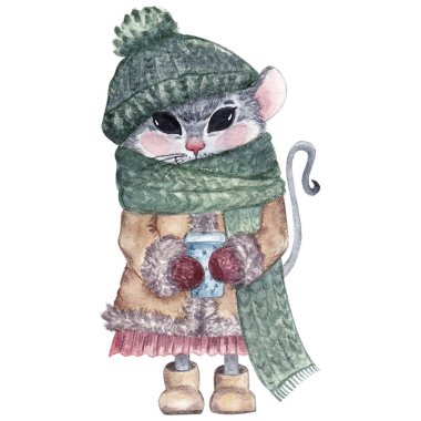 Tatlı suluboya karakter. Elinde bardakla dolaşan fare. Kartpostal, çıkartma, nesne tasarımı ve diğer amaçlar için Noel karakteri faresi.