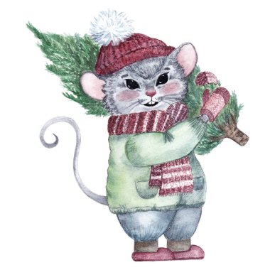 Tatlı suluboya karakter. Noel ağacı olan fare. Kartpostal, çıkartma, nesne tasarımı ve diğer amaçlar için Noel karakteri faresi.