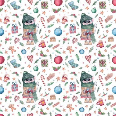 Fare desenli suluboya desenler ve çeşitli Noel dekorları. Ambalaj kağıdı, arkaplan ve diğer amaçlar için Noel deseni. 