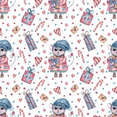 Fare karakterli, hediyeli ve şekerli kusursuz bir Noel deseni. Suluboya el, ambalaj kağıdı, tasarım, kumaş, kart ve diğer amaçlar için Noel arkaplanı çizdi.