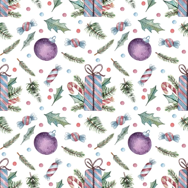 Hediye kutusu ve süslemeleri olan kusursuz bir Noel deseni. Kağıt, tasarım, kumaş, kart ve diğer amaçlar için suluboya şenlik arka planı. 