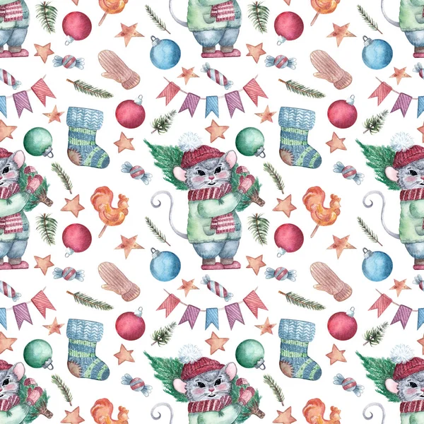 Weihnachten Nahtlose Muster Mit Maus Dekorationen Und Süßigkeiten Aquarell Handgezeichneter — Stockfoto