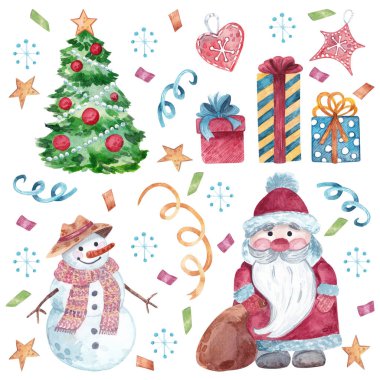 Noel karakterleri ve eşyalar suluboya seti. El yapımı Noel Baba, kardan adam, xmas ağacı ve çıkartmalar, geçmiş, kart tasarımı ve diğer amaçlar için hediyeler..