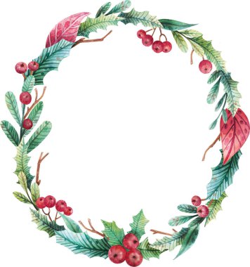 Suluboya Noel çelengi. Davetiye, tebrik kartı, blog tasarımı ve diğer amaçlar için yapraklar ve böğürtlenlerle Noel dekorasyonu çerçevesi.