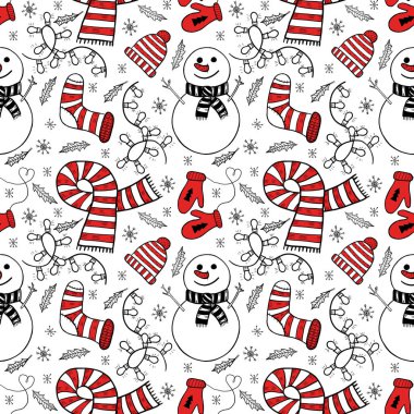 Tek renkli ve kırmızı aksanlı kusursuz bir Noel deseni. Noel çayının dijital çizimi ve kartlar için şekerler, hatıra defteri, ambalaj kağıdı, kumaş ve daha fazlası..
