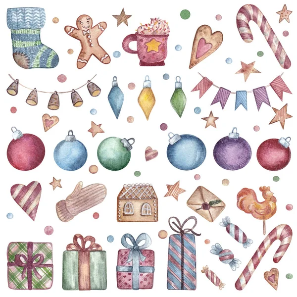 水彩缤纷的圣诞装饰品 舒适的元素 姜饼饼干和糖果 圣诞物品 礼品盒 杯子等的贴纸 卡片设计及其他用途 — 图库照片
