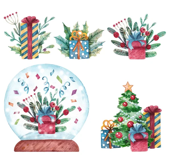 一套水彩画的圣诞礼物 供明信片 装饰品及其他用途的附有礼品盒 圣诞树及雪球的手绘图解 — 图库照片