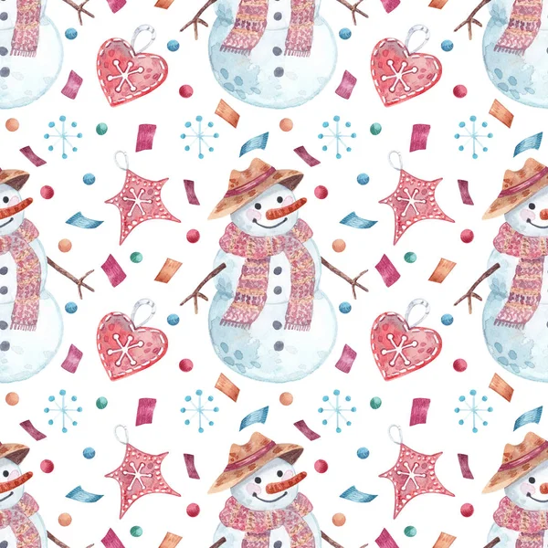 Christmas Seamless Pattern Snowman Decorations Watercolor Hand Drawn Christmas Background — Stock Photo, Image