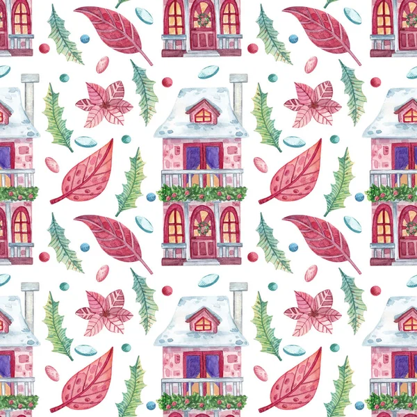 Evlerin ve yaprakların olduğu kusursuz bir Noel deseni. Suluboya el, ambalaj kağıdı, tasarım, kumaş, kart ve diğer amaçlar için Noel arkaplanı çizdi.