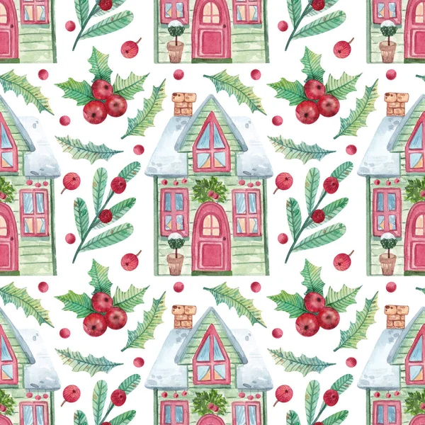 Kerstmis Naadloos Patroon Met Huizen Bladeren Aquarel Met Hand Getekend — Stockfoto