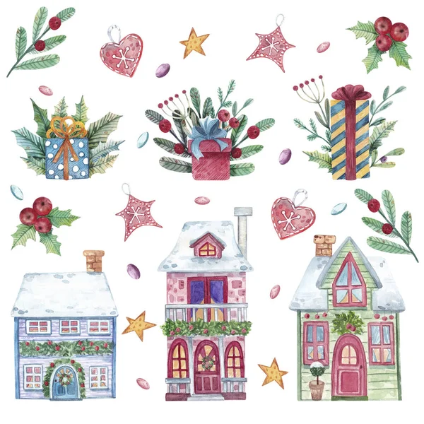 水彩画一套房子 装饰和构图 圣诞作文 附有礼物和贴纸 卡片设计及其他用途的房屋 — 图库照片