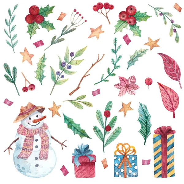 Kardan adam, yapraklar ve hediye kutularıyla suluboya Noel seti. Çıkartmalar, arka plan, kart tasarımı ve diğer amaçlar için Noel yaprakları ve dalları.