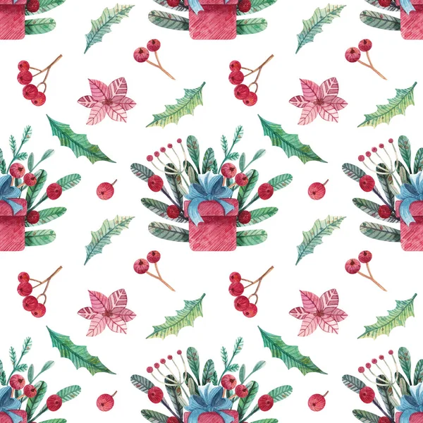 Hediye kutularıyla kusursuz bir Noel deseni. Kağıt, tasarım, kumaş, kart ve diğer amaçlar için suluboya Noel arkaplanı. Suluboya resimleriyle el çizimi arkaplan.